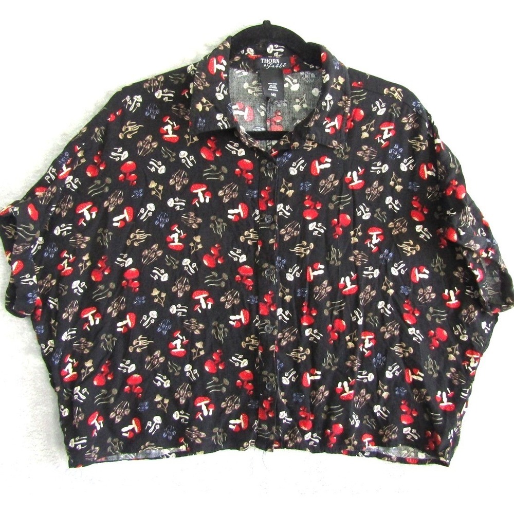 Thorn & Fable Mushroom Print Button Front Crop Top Black Rayon Womens Medium MD